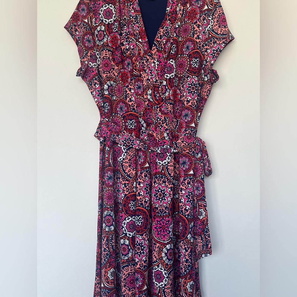 Liz Claiborne Pink and Navy Faux Wrap Paisley Print Dress